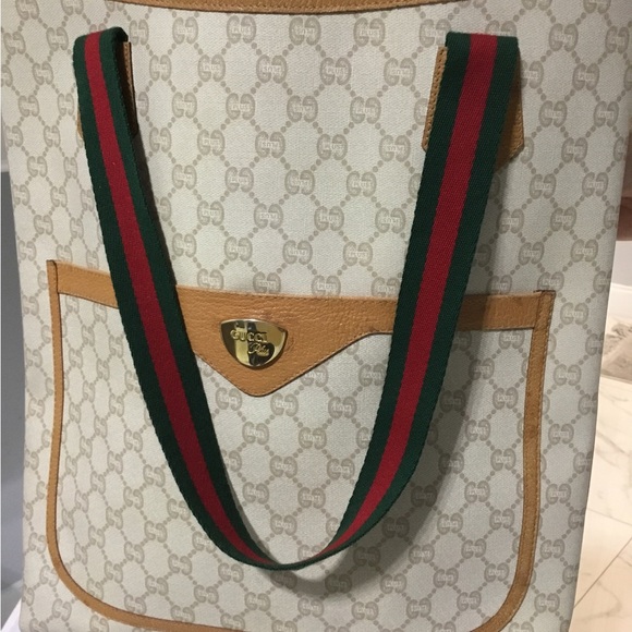Gucci Cream and Tan Tote with Green and Red Straps - Picture 4 of 8